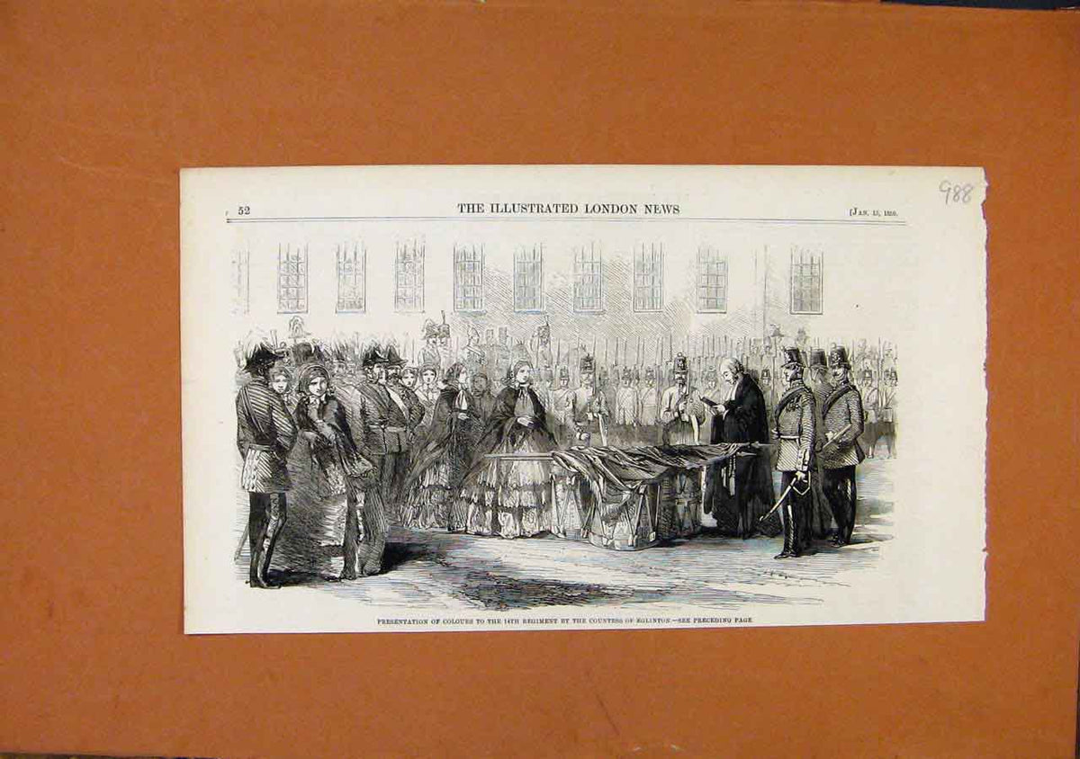 Original Old Antique Print Presentation Colours 14Th Regiment Eglinton C1859