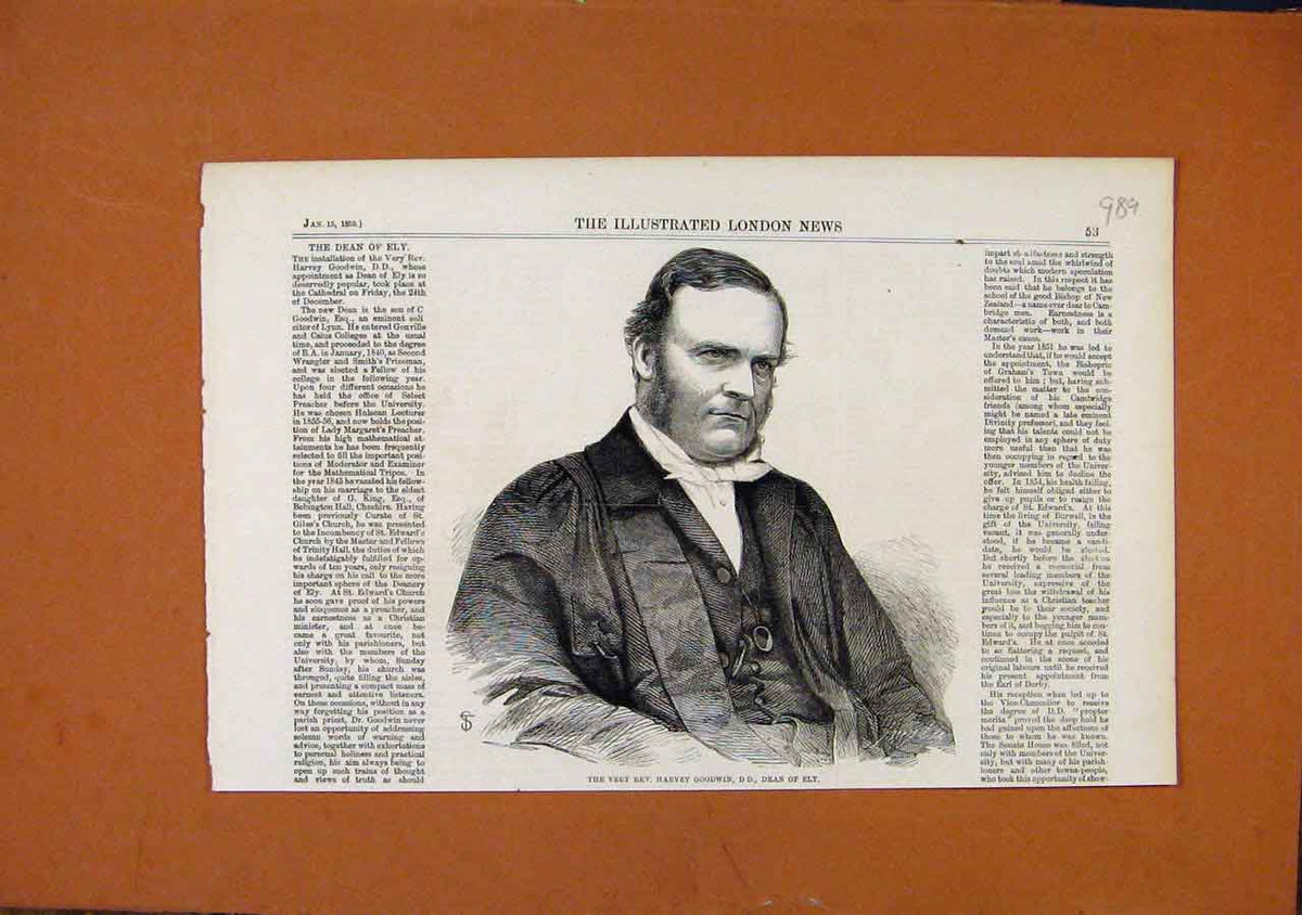 Original Old Antique Print Rev Harvey Goodwin Dean Ely C1859 London News 19th