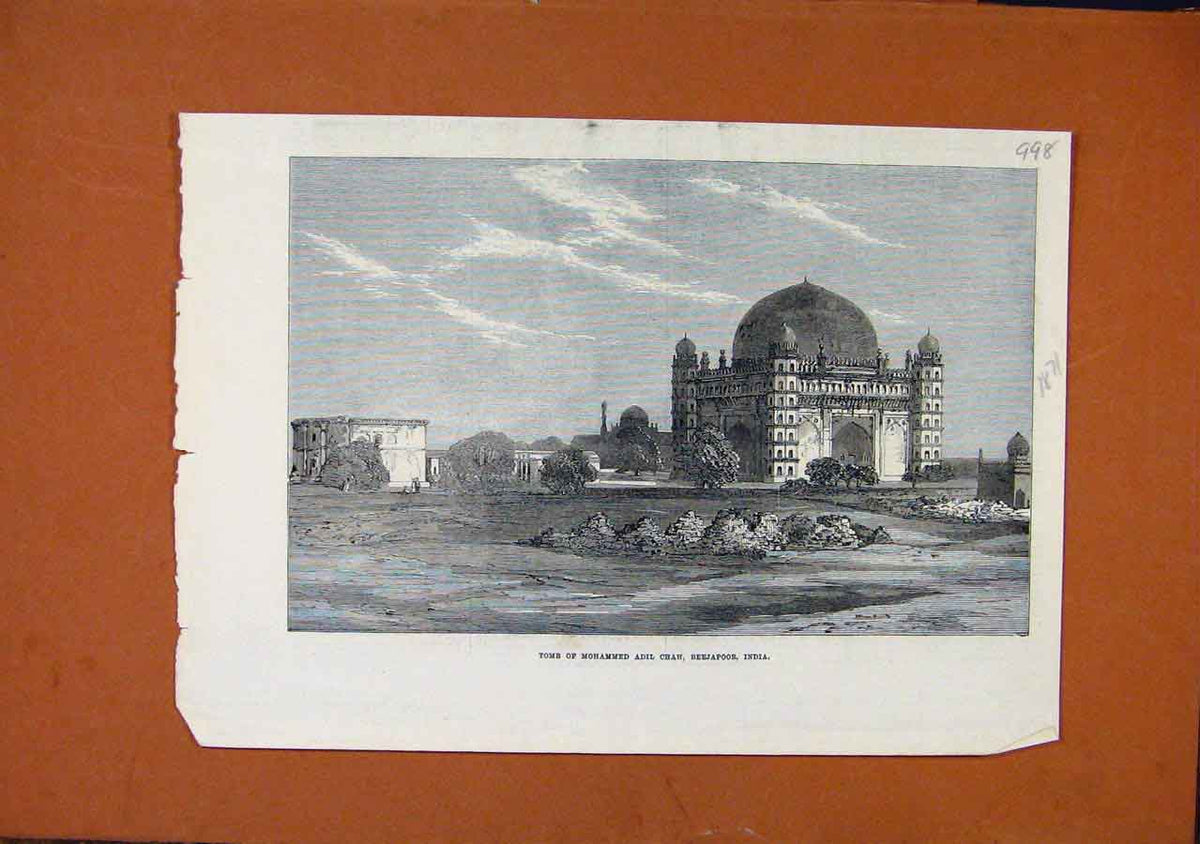 Original Old Antique Print Tomb Mohammed Adil Chah Beejapoor India C1871 19th