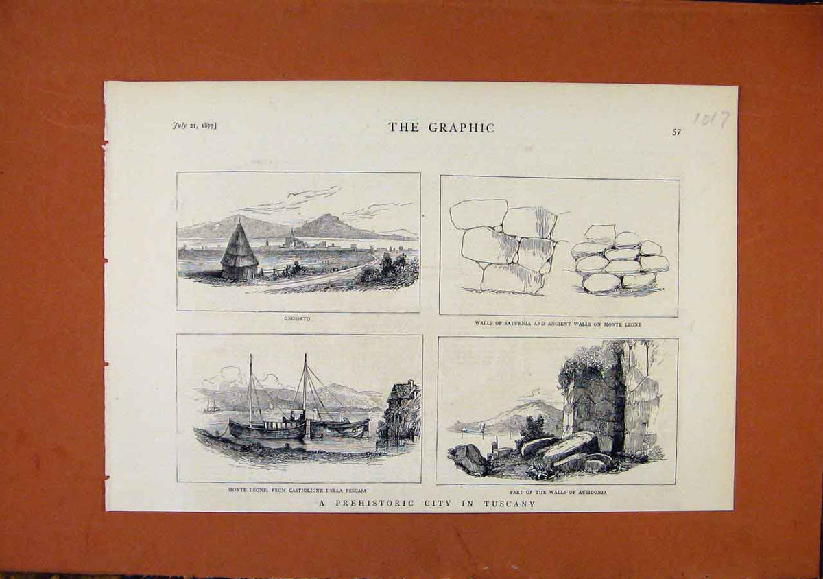 Original Old Antique Print Prehistoric City Tuscany C1877 The Graphic Victorian