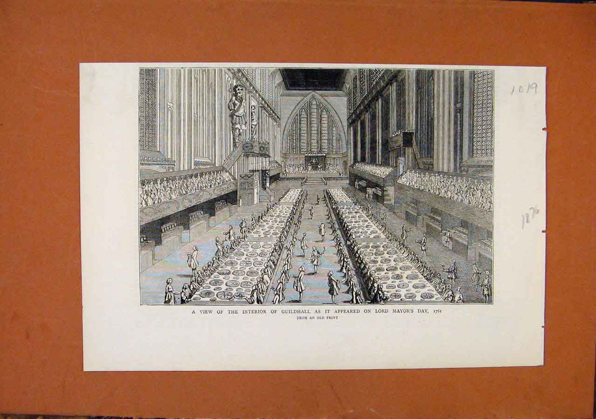 Original Old Antique Print C1876 Interior Guildhall Lord Mayors Day Victorian