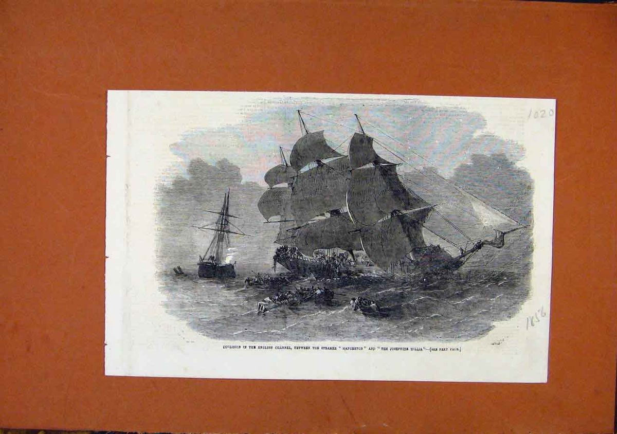 Old Antique Print Collision English Channel Steam Boats C1856 London News 19th