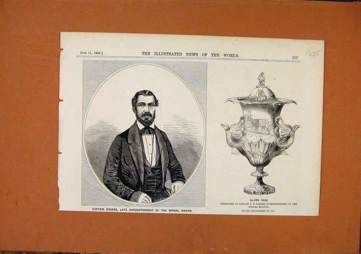 Original Old Antique Print Captin Rogers Bengal Marine Silver Vase C1859 19th