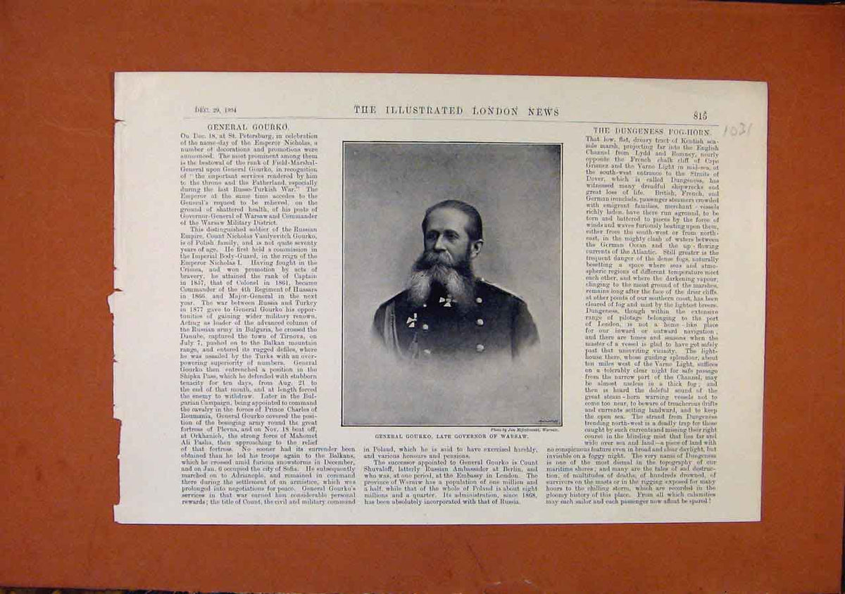 Original Old Antique Print General Gourko Late Governor Warsaw C1894 Victorian