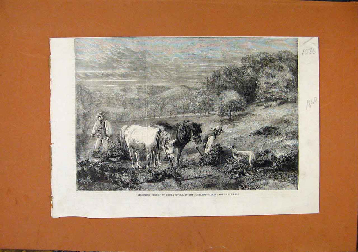 Original Old Antique Print Sleighing Ferns Portland Gallery C1860 Victorian