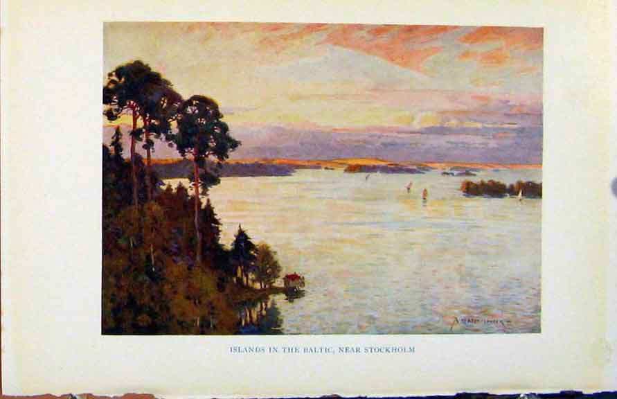 Original Old Antique Print Colour Plate Sweden 1927 Islands Baltic Stockholm