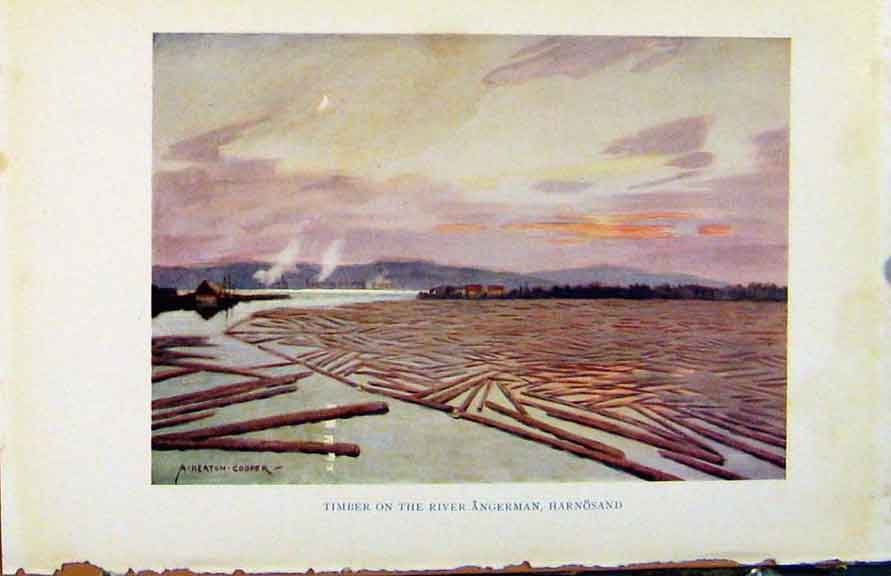 Original Old Antique Print Colour Sweden 1927 Timber On River Angerman Harnosand