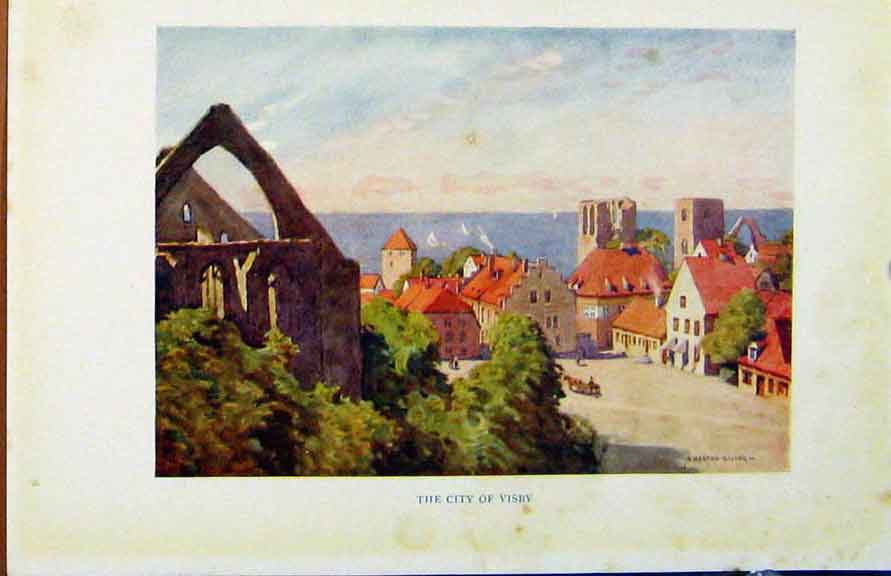 Old Antique Print Colour Plate Sweden 1927 City Visby By A Heaton Cooper 20th