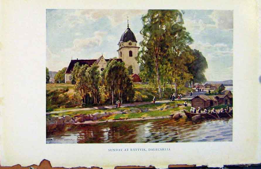Original Old Antique Print Colour Plate Sweden 1927 Rattvik Dalecarlia 20th