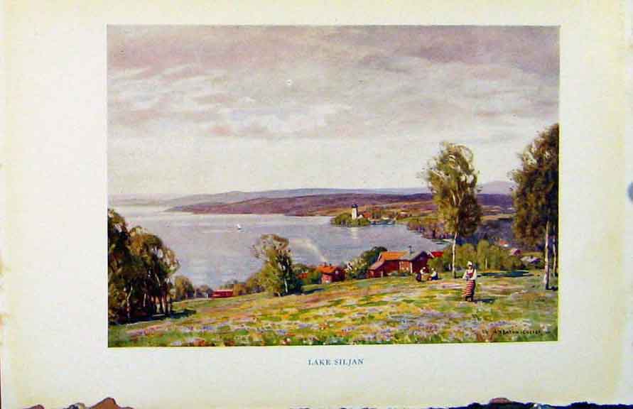Old Antique Print Colour Plate Sweden 1927 Lake Siljan By A Heaton Cooper 20th