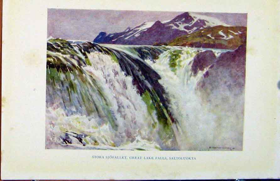 Original Old Antique Print Colour Plate Sweden 1927 Sotra Sjofallet Lake Falls
