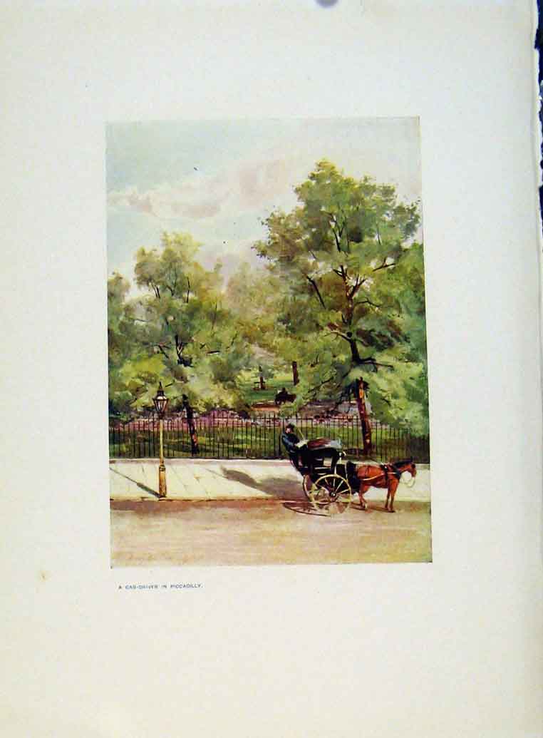 Original Old Antique Print Charm Gardens Cab Driver Piccadilly By Calthrop