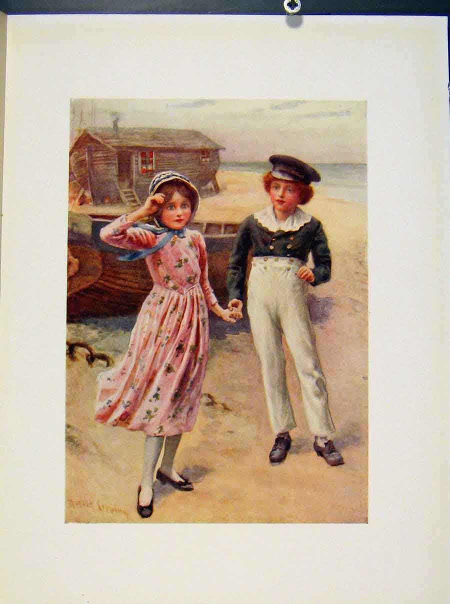 Original Old Antique Print David And Little Emly From Dickens By HarCopping