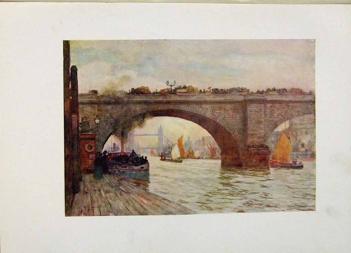Original Old Antique Print An Arch London Bridge Color C1916 Art 20th Century
