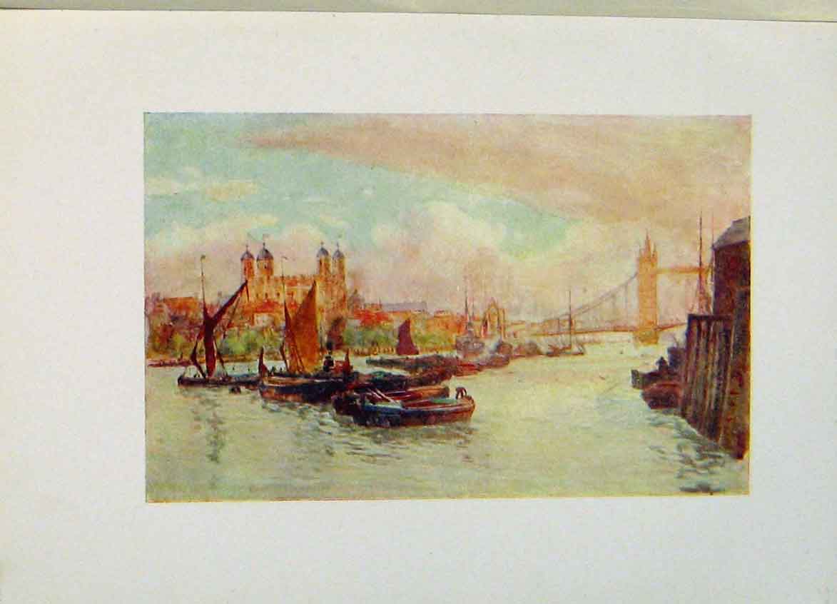 Original Old Antique Print Tower And Upper Pool London C1916 Art 20th Century
