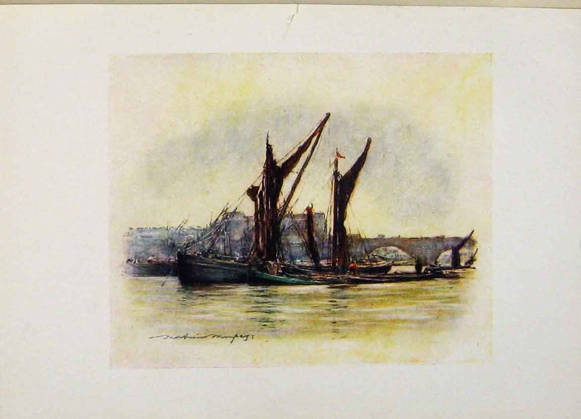 Original Old Antique Print Londond Hay Barges Near Chelsea C1916 20th Century