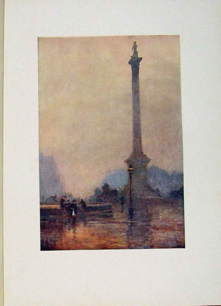 Original Old Antique Print London Nelsons Column On A Foggy Day