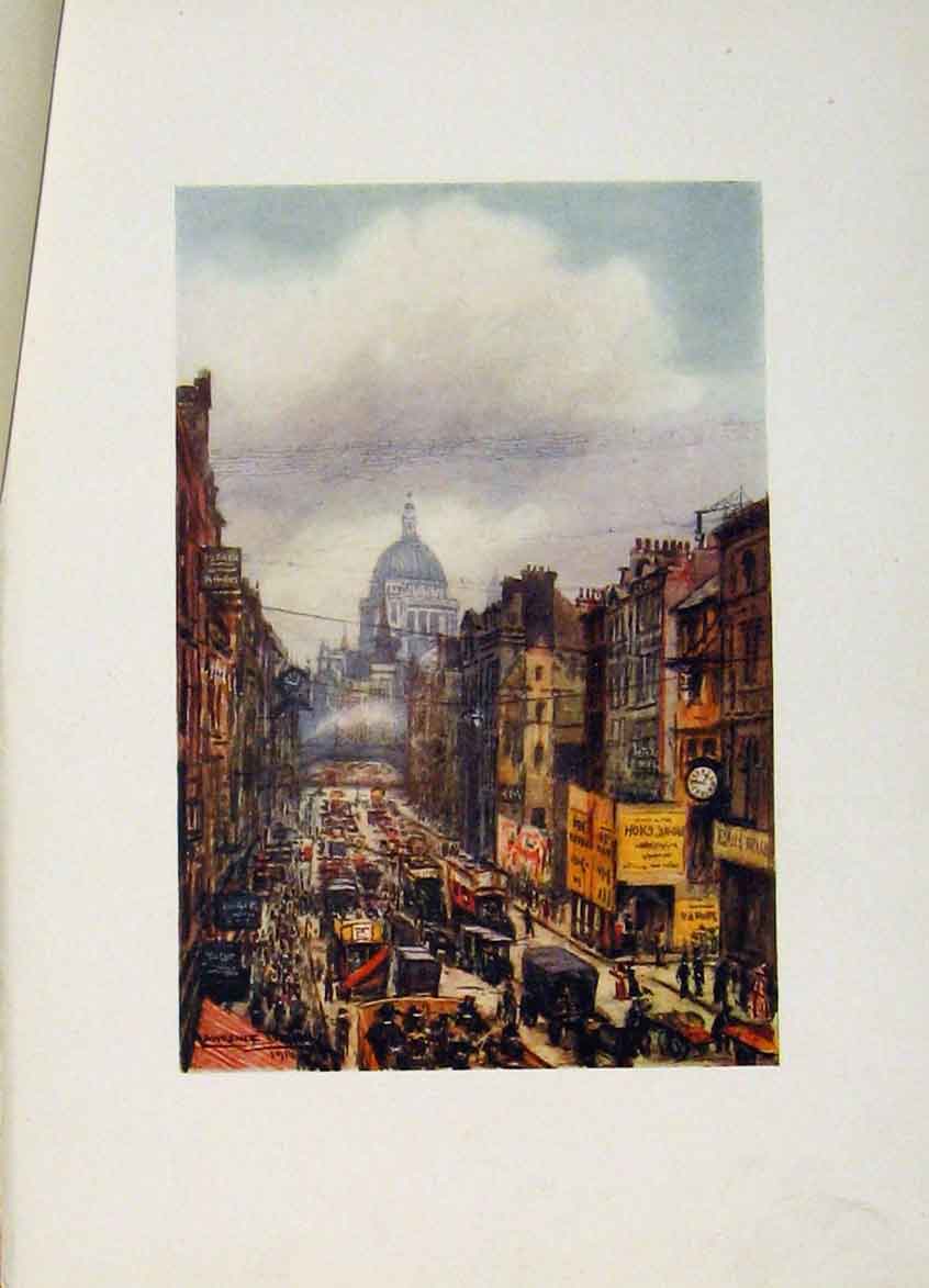 Original Old Antique Print C1916 Color London St Pauls Fleet Street 20th Century