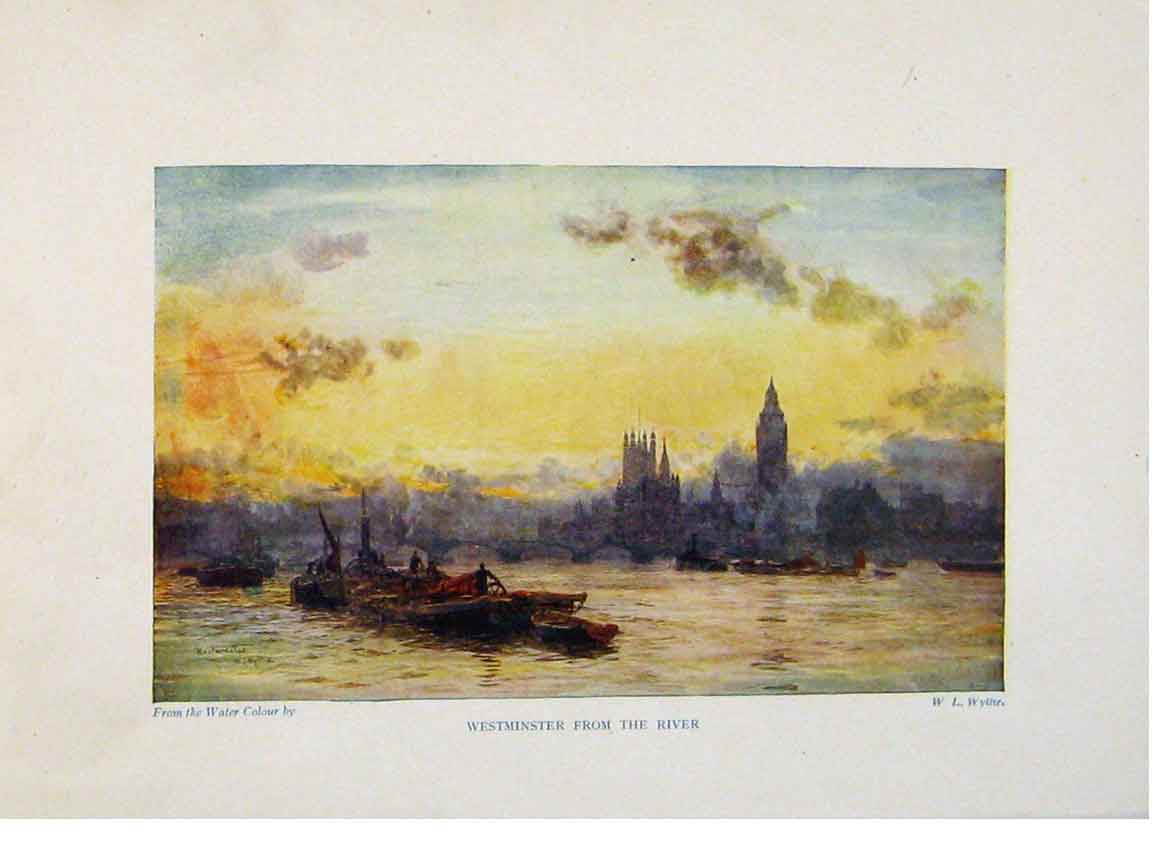 Original Old Antique Print London C1916 Color Westminster And River 20th Century