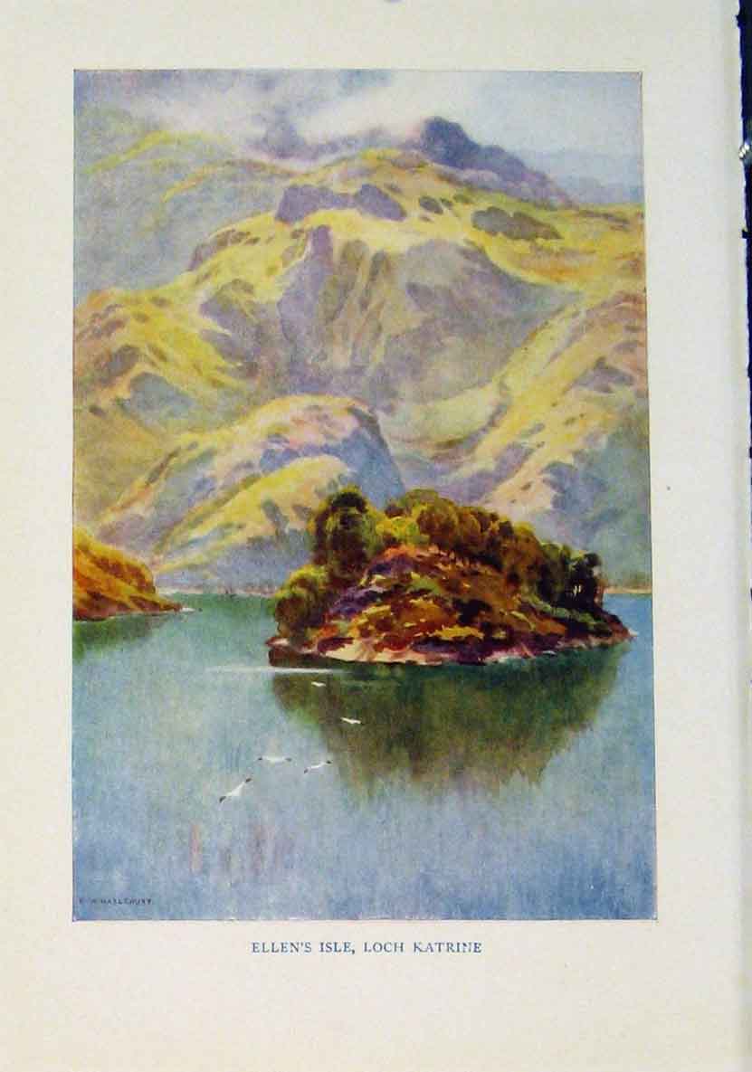 Original Old Antique Print Ellens Isle Loch Katrine Beautiful Scotland