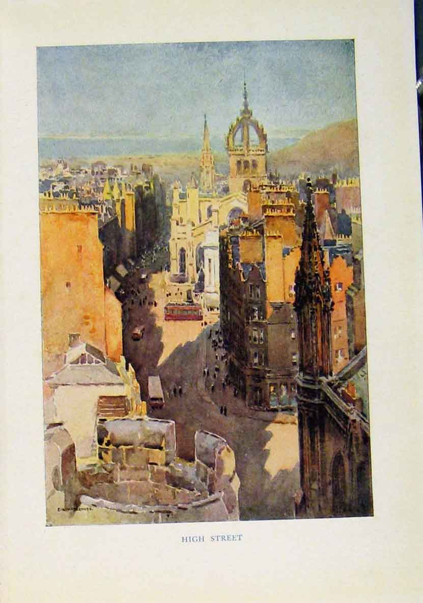 Old Vintage Print High Street Beautiful Scotland By E W Haslehurst C1920 20th