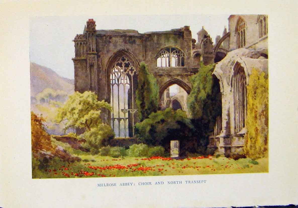 Original Old Antique Print Melrose Abbey Beautiful Scotland By Haslehurst