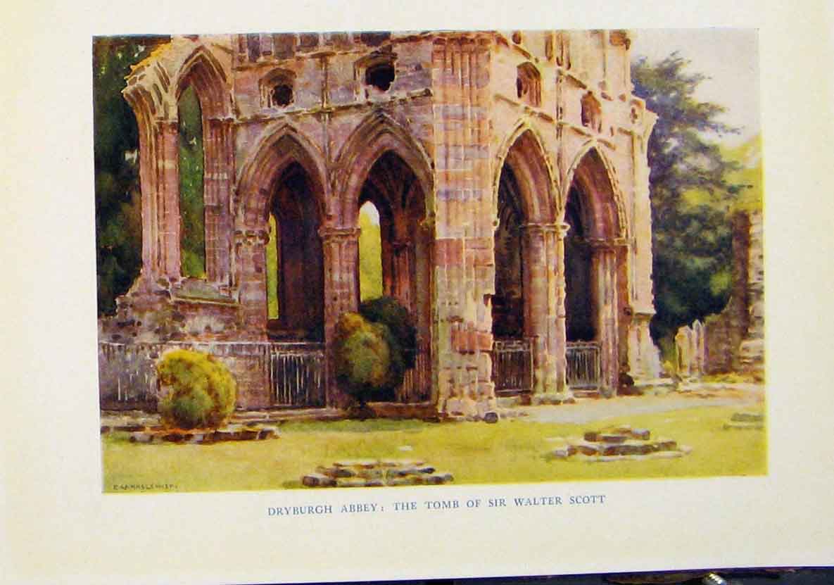 Original Old Antique Print By Haslehurst Dryburgh Abbey Tomb Sir Walter Scott