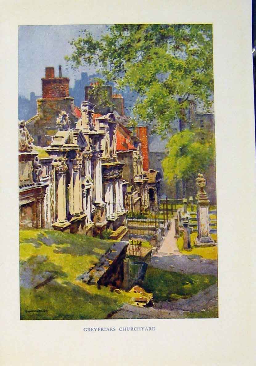 Original Old Antique Print Greys Friars Churchyard Beautiful Scotland