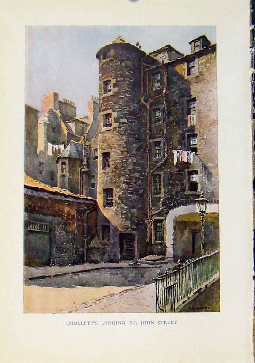 Original Old Antique Print Beautiful Scotland Smolletts Lodging St John Street