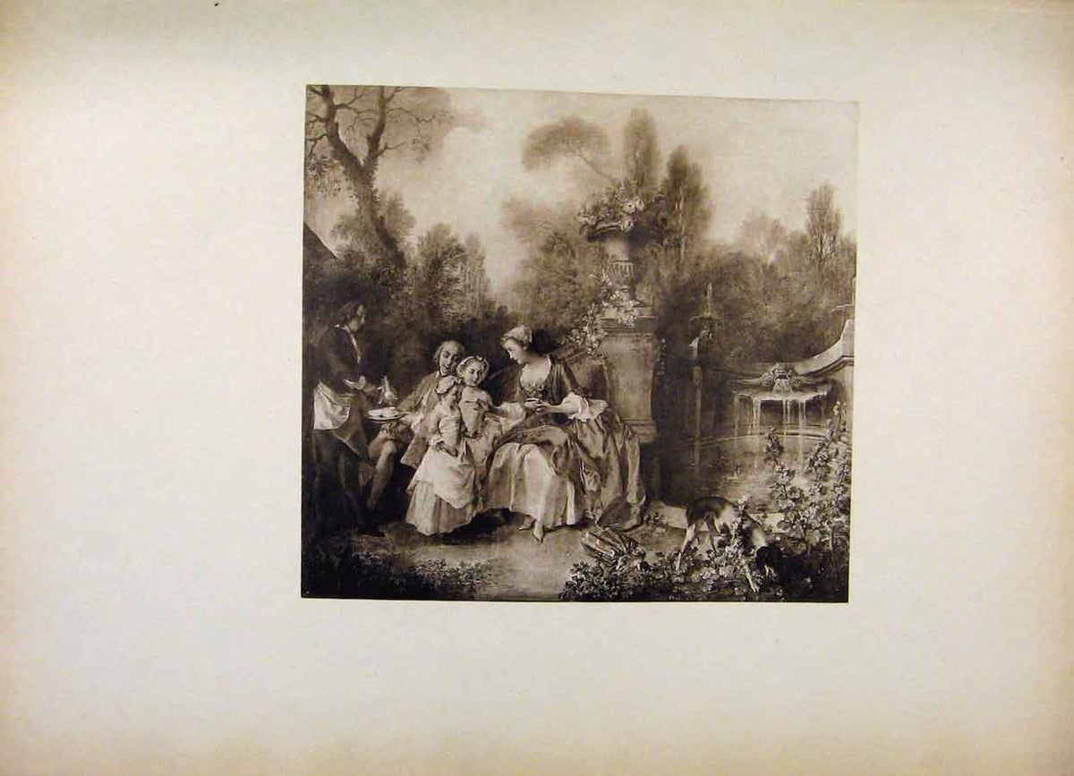 Original Old Antique Print French Art A Garden Party By Lancret