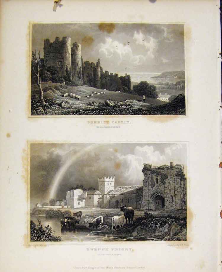 Original Old Antique Print Penrice Castle Ewenny Priory Glamorganshire