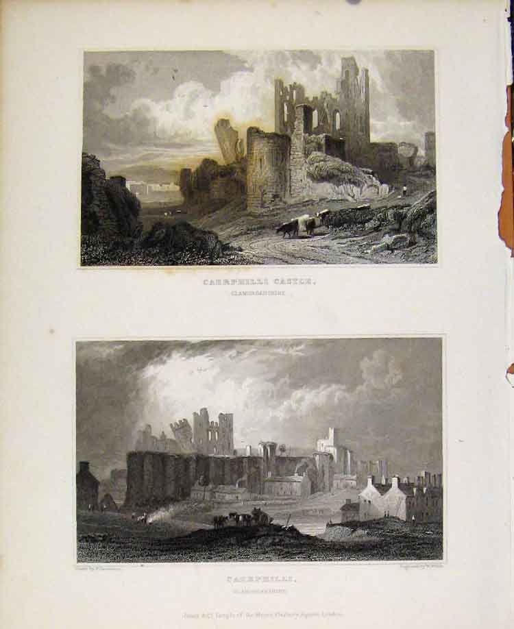 Original Old Antique Print Wales Caerphilli Castle Glamorganshire C1827 19th