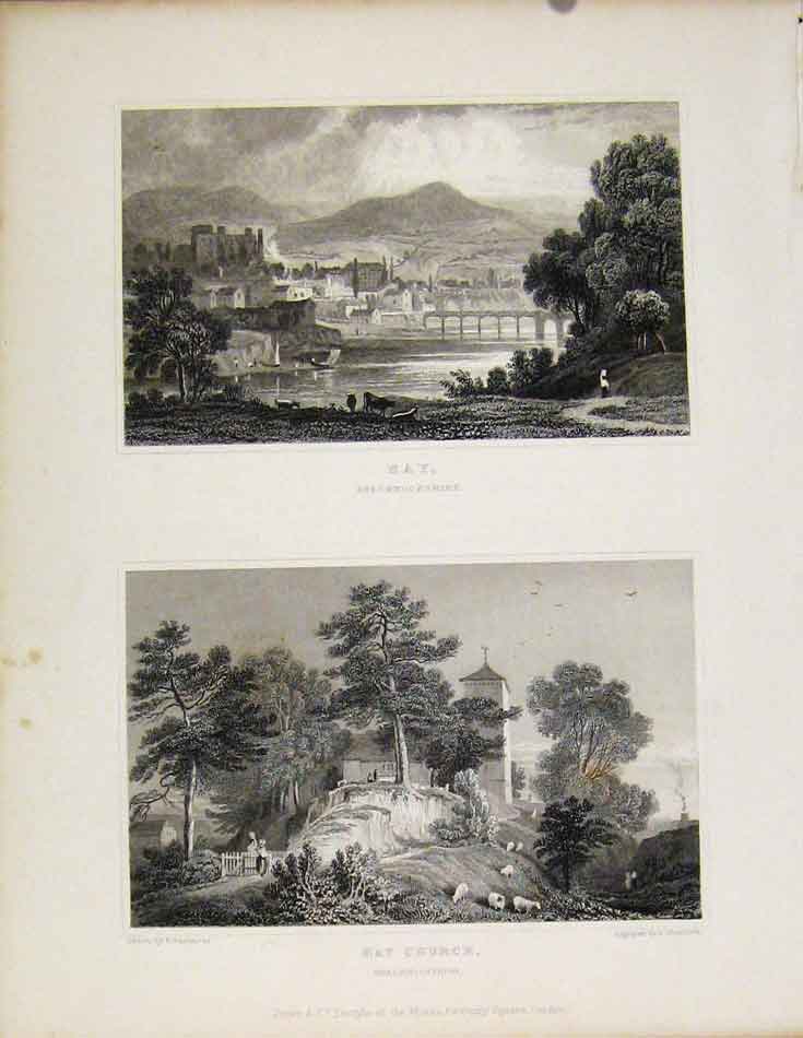 Original Old Antique Print Hay & Ahy Church Brecknockshire Wales