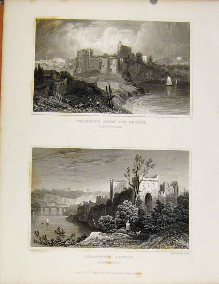 Original Old Antique Print Chepstow From The Bridge & Castle Monmouthshire Wales