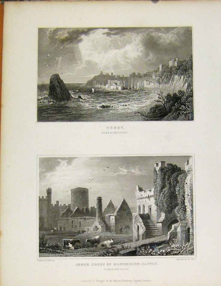 Original Old Antique Print Tenby And Inner Court Monorbeer Castle Pembrokeshire