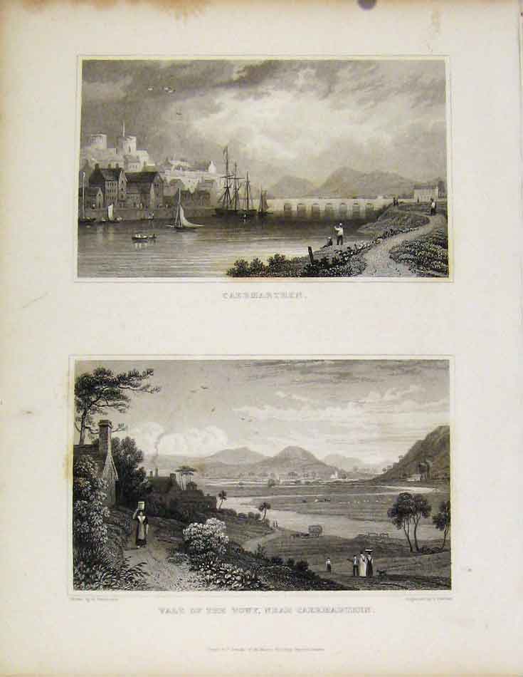 Original Old Antique Print Caermarthen And Vale Towy Wales Illustrated
