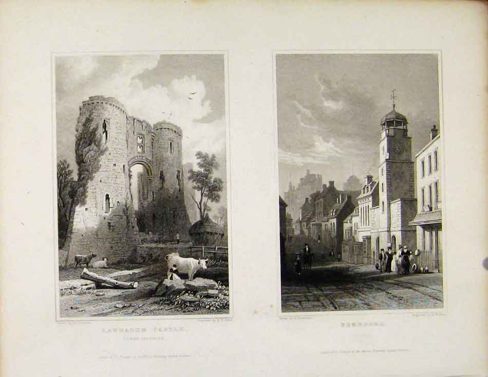 Original Old Antique Print Lawhaden Castle & Pembroke Wales Illustrated