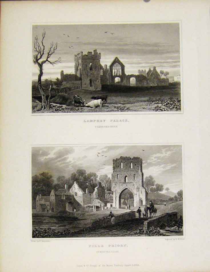 Original Old Antique Print Lamphey Palace & Pille Priory Pembrokeshire Wales