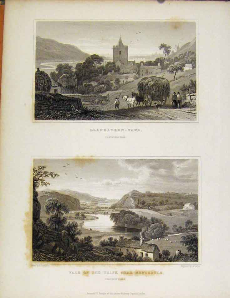 Original Old Antique Print Llanbadern Vawr & Vale Teify Newcastle Wales
