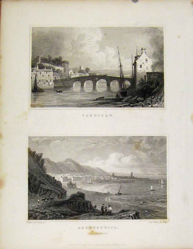 Original Old Antique Print Cardigan Aberystwith Cardiganshire Wales