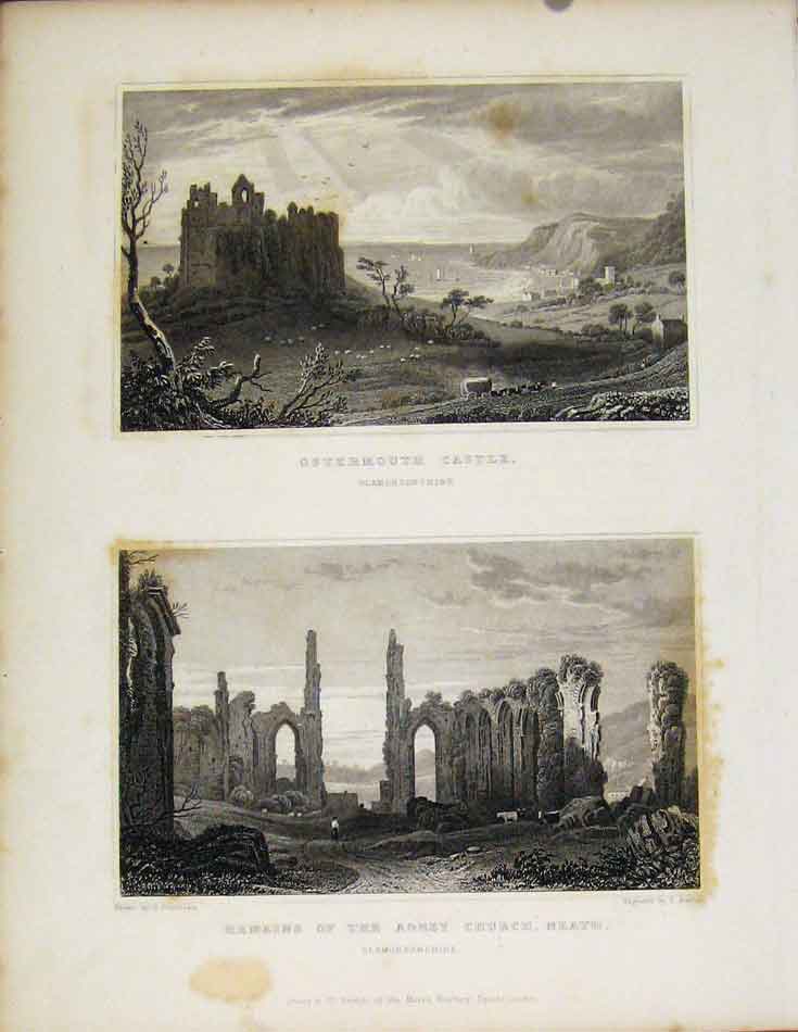 Original Old Antique Print Ostermouth Castle & Remains Abbey Church Neath Wales