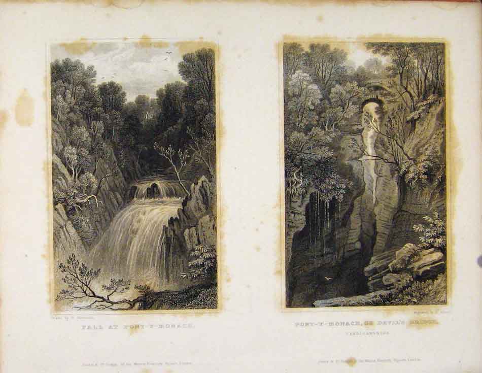 Old Antique Print Fall At Pint Y Monach Devils Bridge Cardiganshire Wales