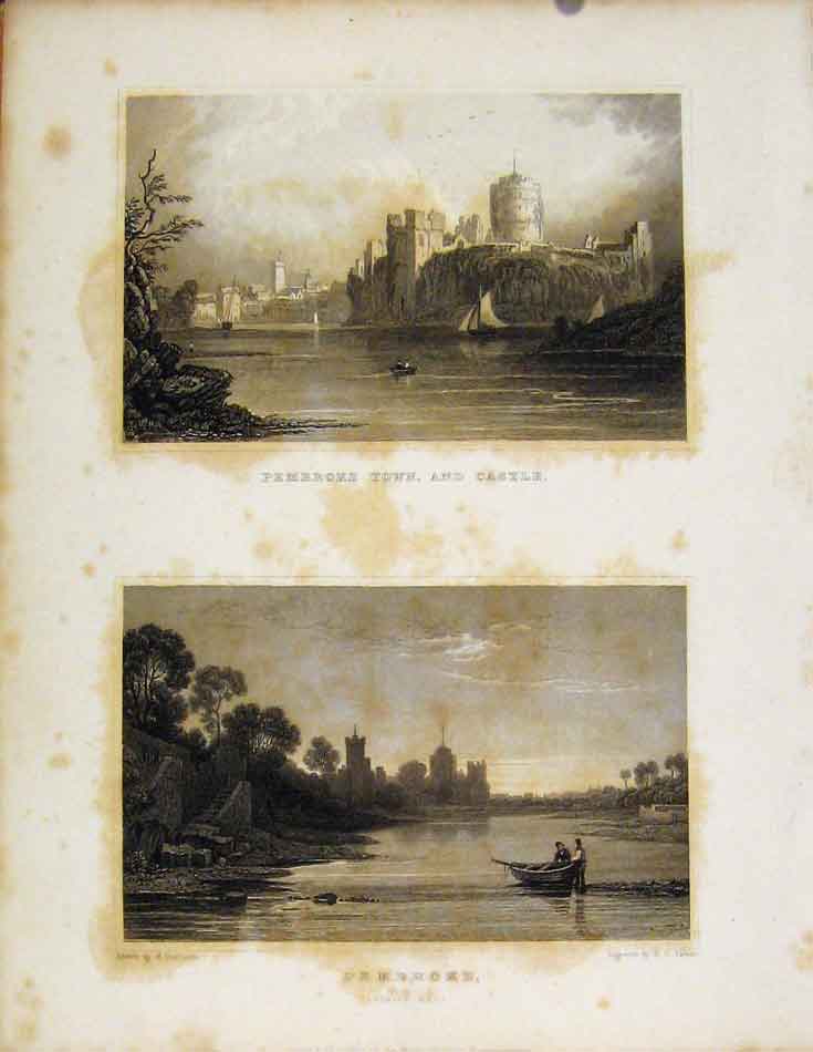 Original Old Antique Print Pembroke Town And Castle Wales Illustrated