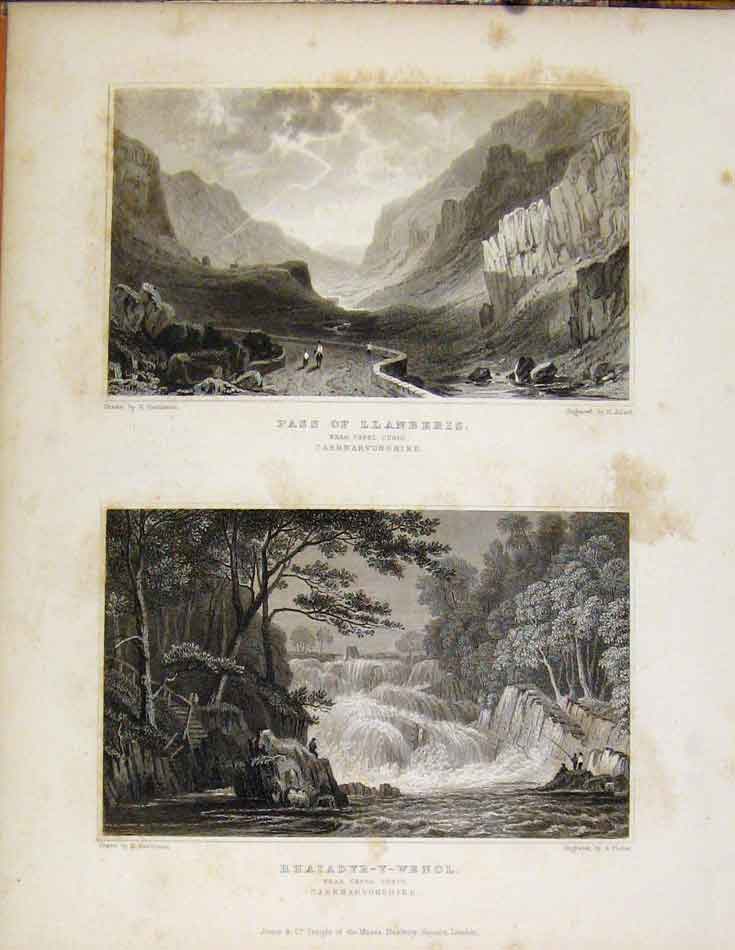 Original Old Antique Print Pass Llanberis & Rhaiadyr Y Wenol Caernarvonshire
