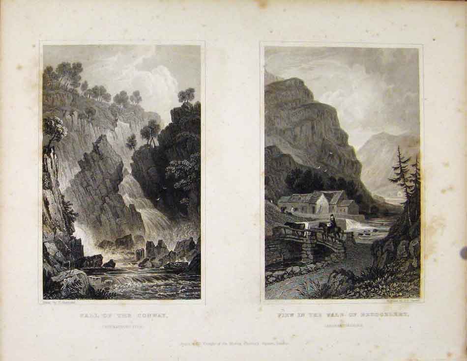 Original Old Antique Print Fall Conway & View In Vale Beddgelert Wales