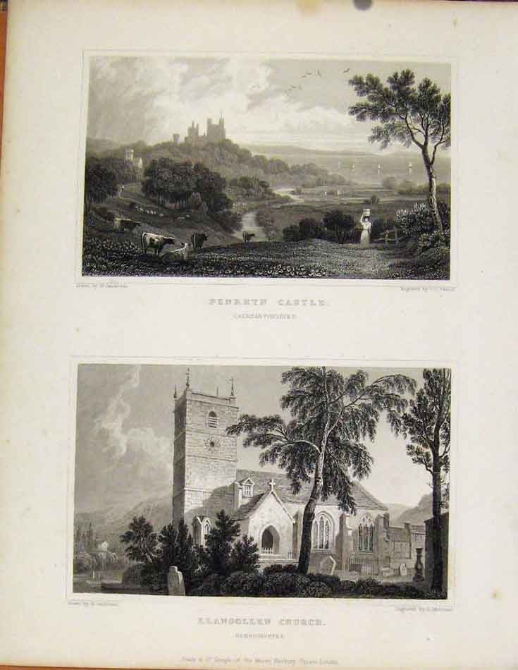 Original Old Antique Print Penrhyn Castle & Llangollen Church Wales