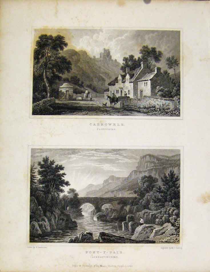 Old Antique Print Caergwrlle Flintshire & Pontypair Caernarvonshire Wales
