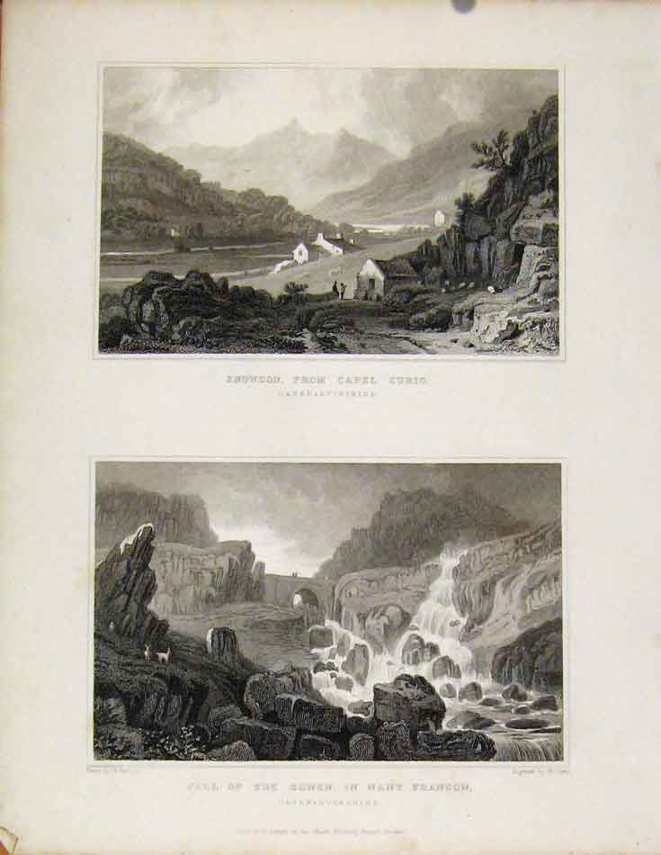 Original Old Antique Print Snowdon From Capel Curig & Fall Ogwen Nant Frangon