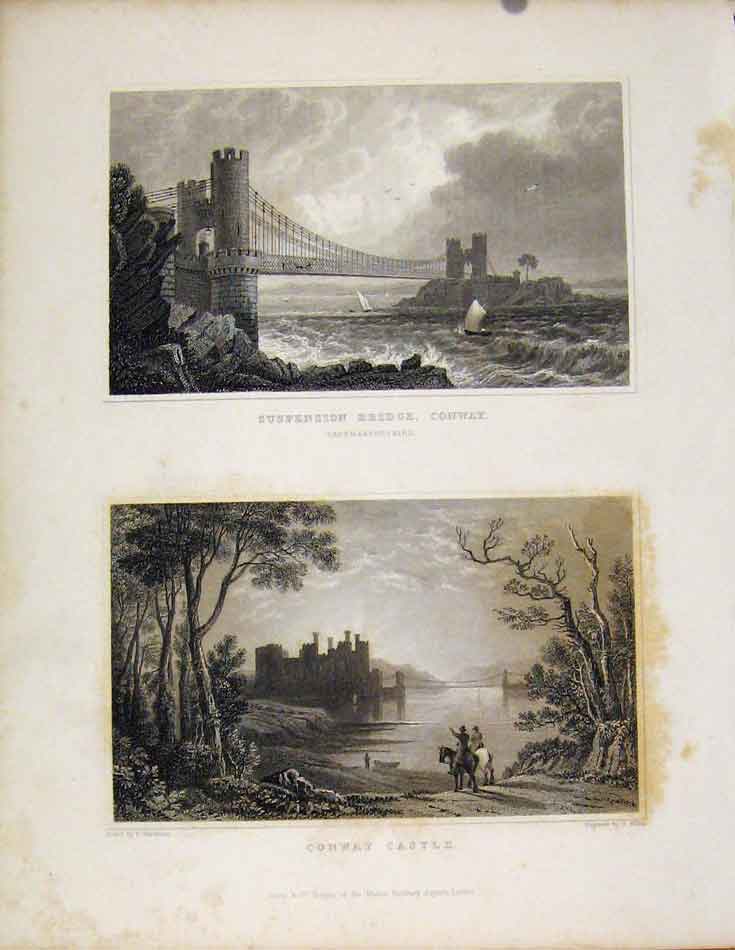 Old Antique Print Suspension Bridge Conway & Castle Caernarvonshire Wales
