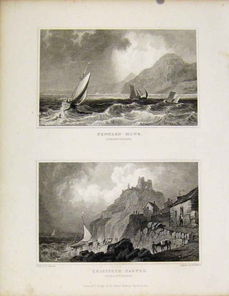Original Old Antique Print Penmaen Mawr Cruccueth Castle Caernarvonshire Walese